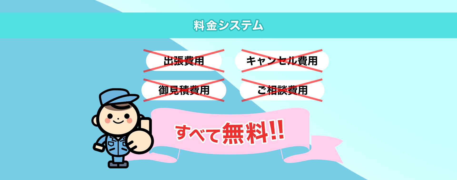 料金システム ・出張費用 ・キャンセル費用 ・御見積費用 ・ご相談費用 すべて無料