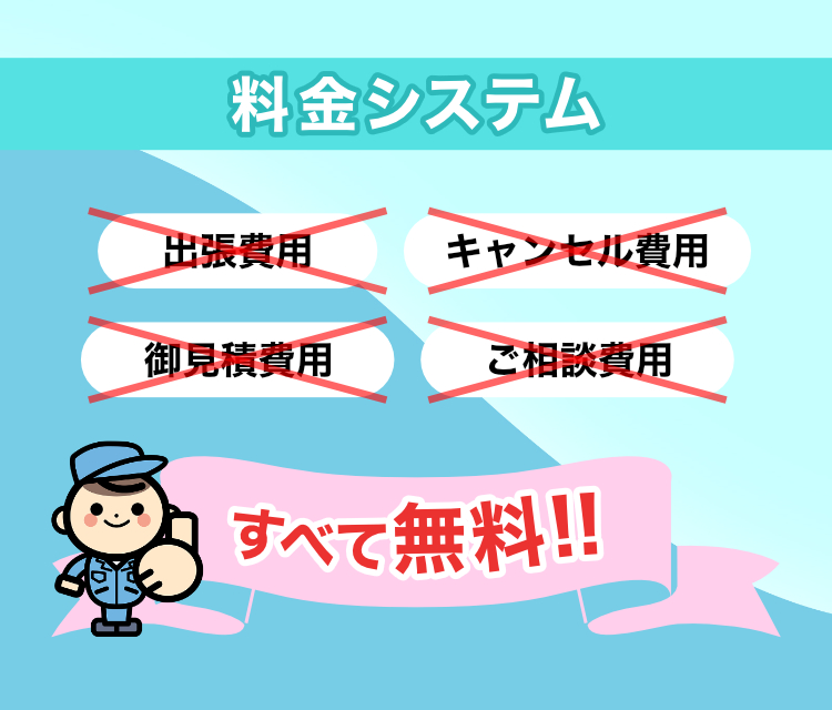 料金システム ・出張費用 ・キャンセル費用 ・御見積費用 ・ご相談費用 すべて無料