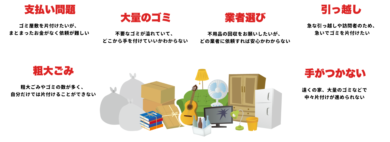 ・支払い問題　ゴミ屋敷を片付けたいが、まとまったお金がなく依頼が難しい ・大量のゴミ　不要なゴミが溢れていて、どこから手を付けていいかわからない ・業者選び　不要品の回収をお願いしたいが、どの業者に依頼すれば安心かわからない ・引っ越し　急な引っ越しや訪問者のため、急いでゴミを片付けたい ・粗大ゴミ　粗大ゴミやゴミの数が多く、自分だけでは片付けることができない ・手がつかない　遠くの家、大量のゴミなどで中々片付けが進められない