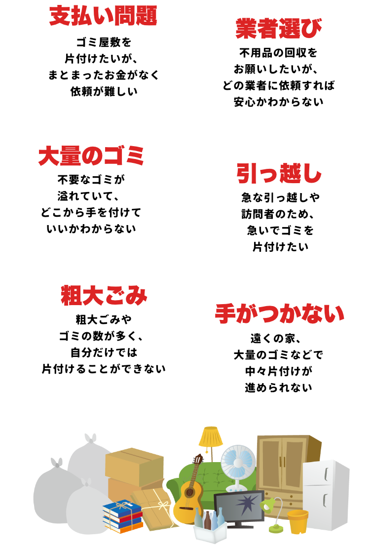 ・支払い問題　ゴミ屋敷を片付けたいが、まとまったお金がなく依頼が難しい ・大量のゴミ　不要なゴミが溢れていて、どこから手を付けていいかわからない ・業者選び　不要品の回収をお願いしたいが、どの業者に依頼すれば安心かわからない ・引っ越し　急な引っ越しや訪問者のため、急いでゴミを片付けたい ・粗大ゴミ　粗大ゴミやゴミの数が多く、自分だけでは片付けることができない ・手がつかない　遠くの家、大量のゴミなどで中々片付けが進められない